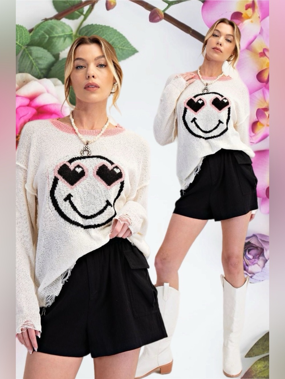 Easel Delulu for the Plot Distressed Smiley Sweater Heart Eyes White New Medium
